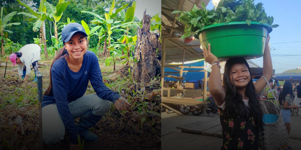Two young women in the Peruvian Amazon, one planting seeds, on carrying fruit to market.