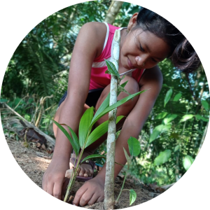 A young woman in the Peruvian Amazon rainforest plants a tree as part of a program of climate resilience.